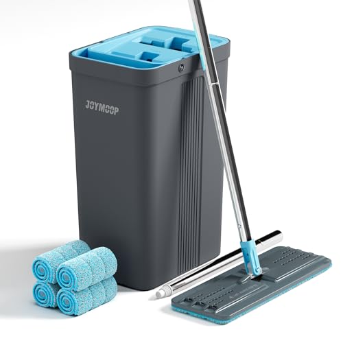 JOYMOOP Mop and Bucket Set Mops for Floor Cleaning Wall Mop Cleaner with Long Handle with 4 Reusable Microfiber Mop Pads GreyCyan Blue - Image 1