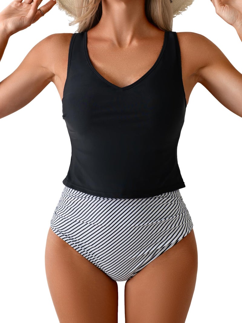 Eomenie Two Piece Tankini Swimsuits for Women Tummy Control Bathing Suits Cutout Back Swim Tank Top with High Waisted Bottom Black Stripes - Image 1
