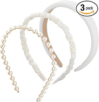 AOZUO 3PCS Headbands for Women Girls Padded NonSlip Headbands White Pearl Hairbands Fashion Wide Hair Band Vintage Head Bands for Women Girls Hair Accessories - Image 1
