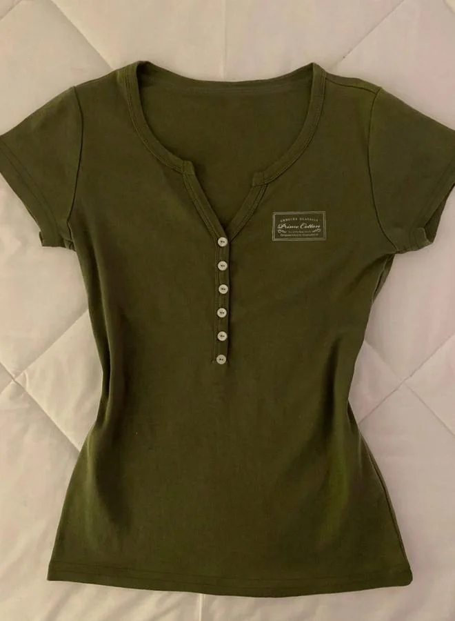 تايك تو Green Notch Neck Short Sleeve Top