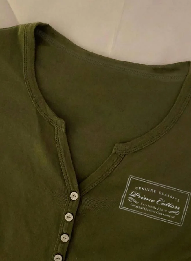 تايك تو Green Notch Neck Short Sleeve Top