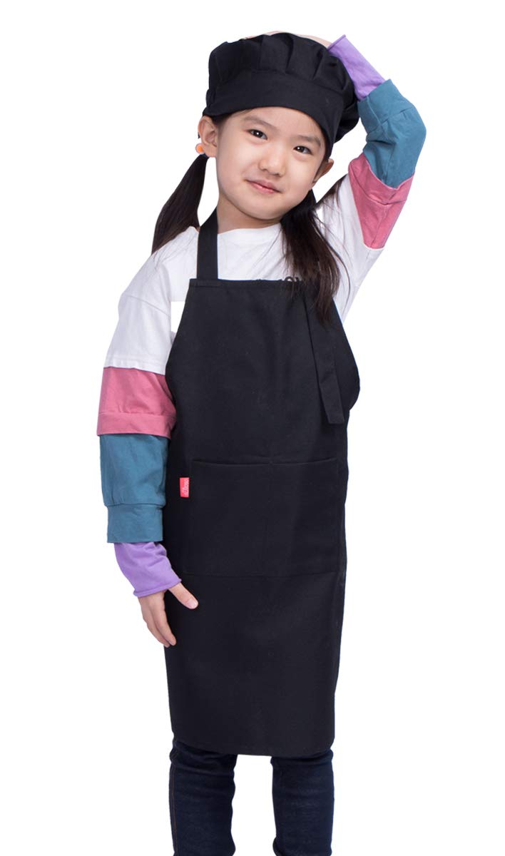 ALIPOBO Kids Apron and Chef Hat Set Childrens Adjustable Bib Apron with 2 Pockets Cute Boys Girls Kitchen Apron for Cooking Baking Painting Training Wear 25 Year Black