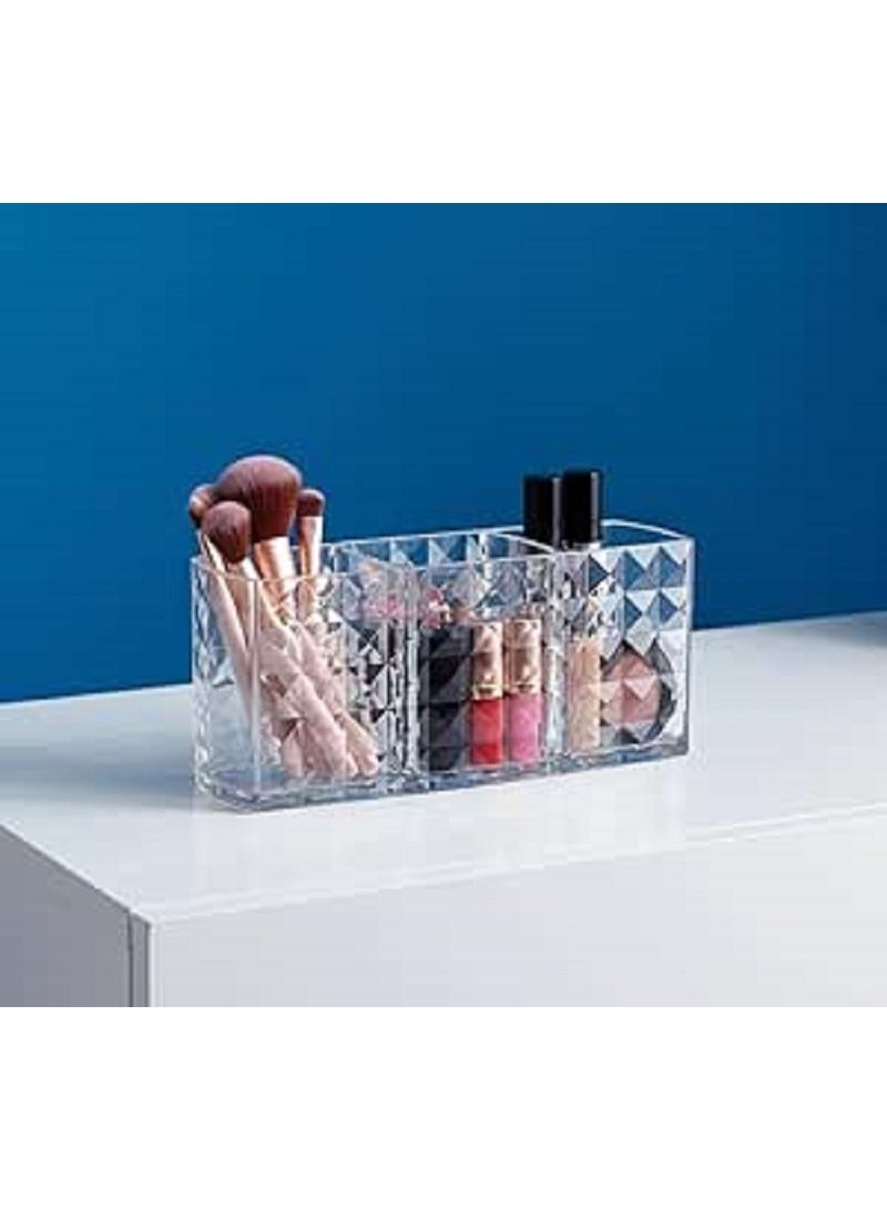 Clear Makeup Brush Organizer and Holder – Elegant Design with 3 Slots for Cosmetic Brushes Storage – Modern Shape Provides Perfect Table or Dresser Arrangement – Practical and Easy to Clean - Image 1