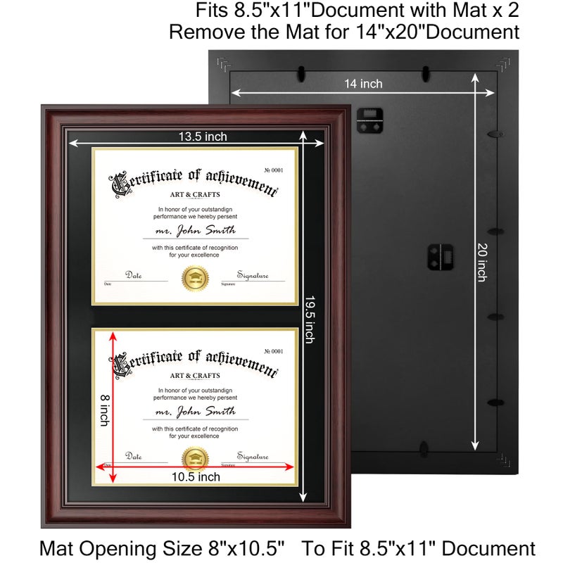 Yaetm Vertical Double Diploma Frame 14x20 for Two 8.5x11 Certificates, Degrees, Documents, Tempered Glass with Black Over Gold Acid-free Mats, Dual Diploma Frames, Mahogany/Black - Image 4