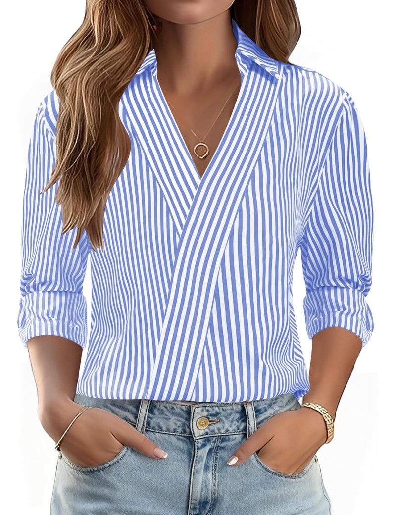 LOMON Striped Shirts Women Dressy V Neck Work Blouses 3/4 Sleeve Business Casual Tops 2026 Spring Summer Fashion Outfits (Light Blue White Stripes,M) - Image 1