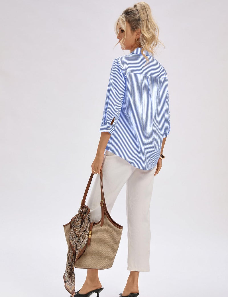 LOMON Striped Shirts Women Dressy V Neck Work Blouses 3/4 Sleeve Business Casual Tops 2026 Spring Summer Fashion Outfits (Light Blue White Stripes,M) - Image 5