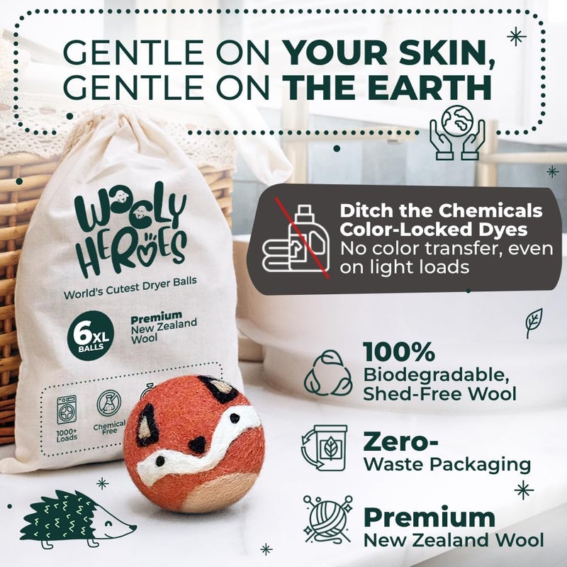 WOOLY HEROES No More Dryer Sheets! Reusable Wool Dryer Balls XL 6-Pack - Reduces Static, Cuts Dry Time, & Softens Naturally - Image 3