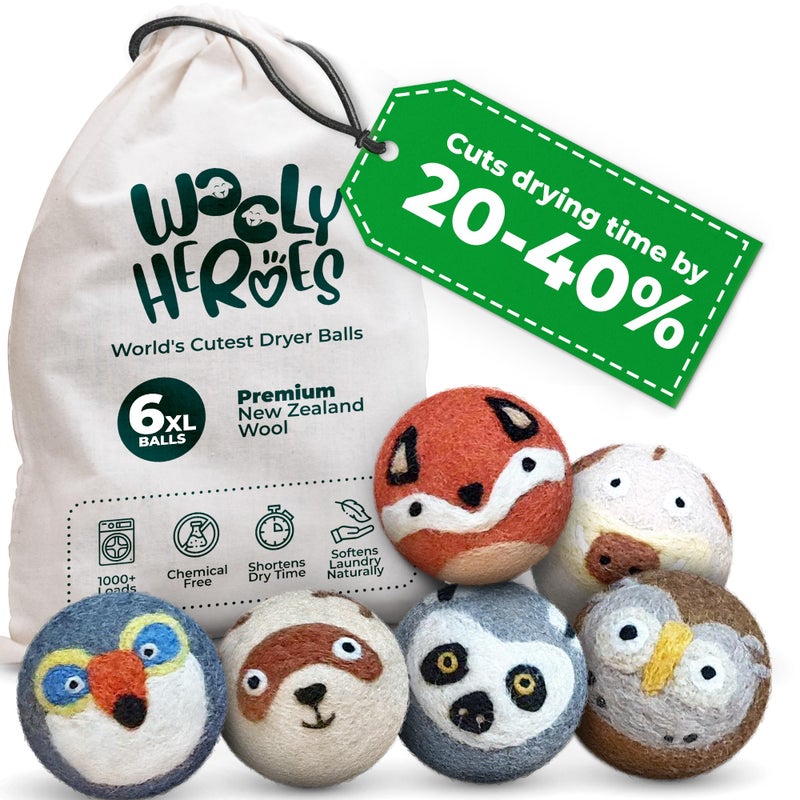 WOOLY HEROES No More Dryer Sheets! Reusable Wool Dryer Balls XL 6-Pack - Reduces Static, Cuts Dry Time, & Softens Naturally - Image 1
