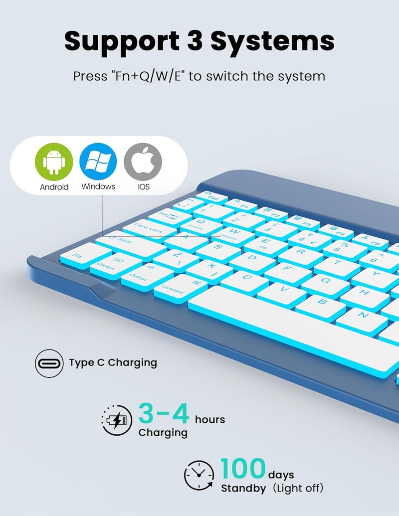 Nsyee Backlit Bluetooth Keyboard and Mouse, Universal Compact Wireless Keyboard, Rechargeable Portable Keyboards for iPad/Samsung/Tablet/iOS/Android/Windows, UK Layout - Image 3