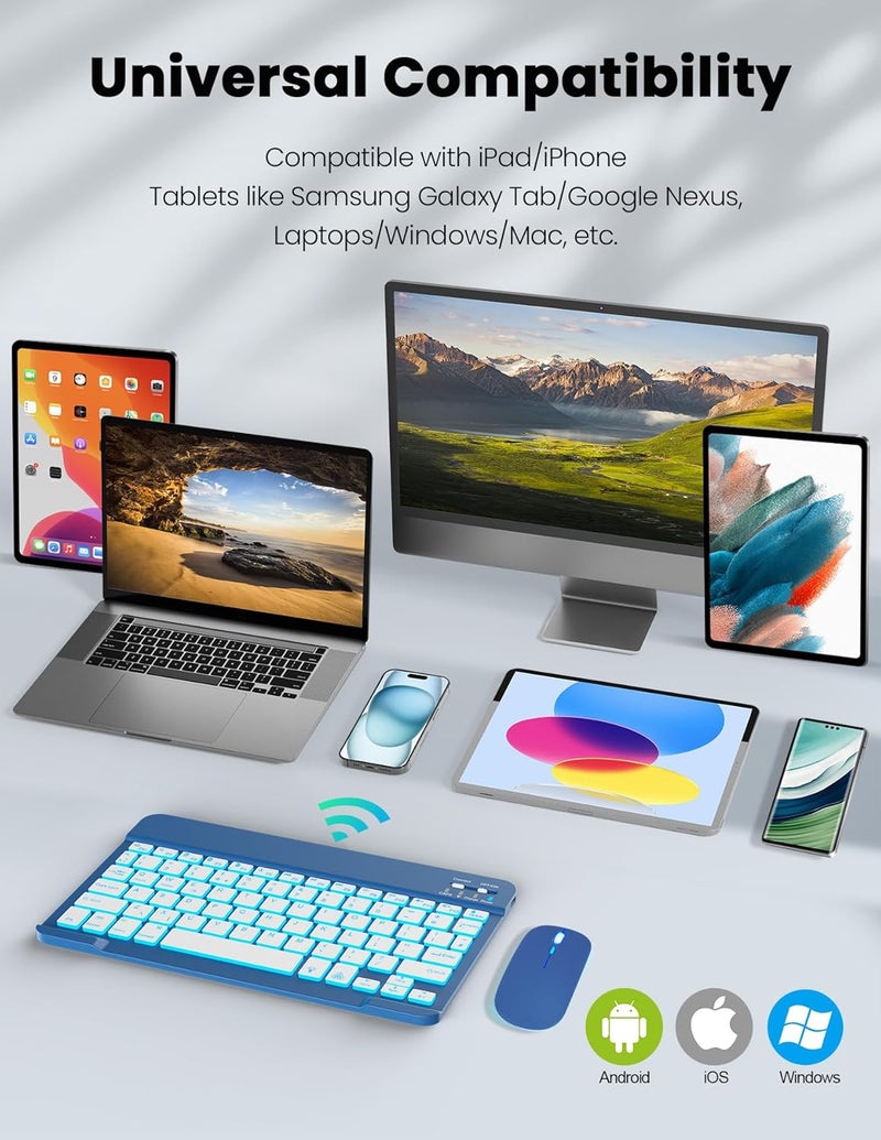 Nsyee Backlit Bluetooth Keyboard and Mouse, Universal Compact Wireless Keyboard, Rechargeable Portable Keyboards for iPad/Samsung/Tablet/iOS/Android/Windows, UK Layout - Image 2