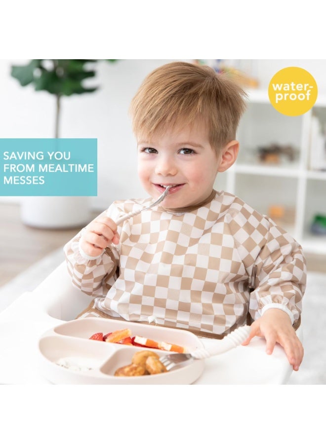 Bumkins Sleeved Bib for Girl or Boy, Baby and Toddler for 6-24 Mos, Essential Must Have for Eating, Feeding, Baby Led Weaning Supplies, Long Sleeve Mess Saving Food Catcher, Soft Fabric, Beige Check - Image 1