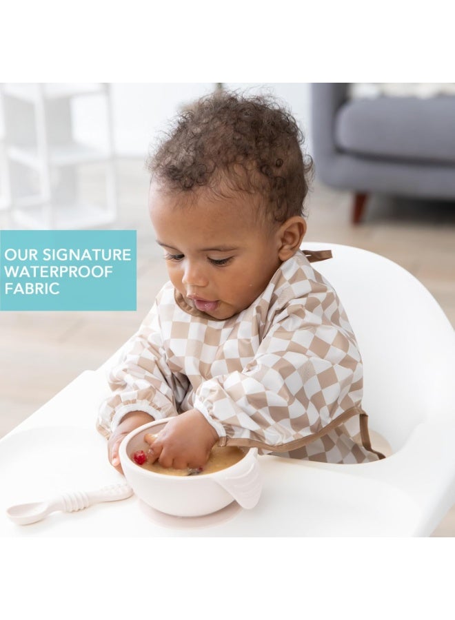 Bumkins Sleeved Bib for Girl or Boy, Baby and Toddler for 6-24 Mos, Essential Must Have for Eating, Feeding, Baby Led Weaning Supplies, Long Sleeve Mess Saving Food Catcher, Soft Fabric, Beige Check - Image 2