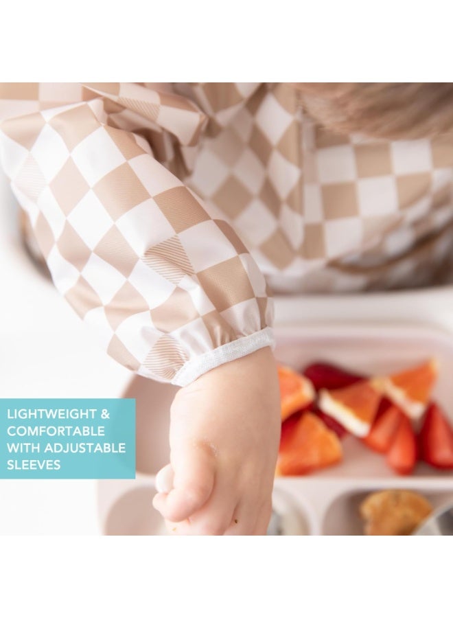 Bumkins Sleeved Bib for Girl or Boy, Baby and Toddler for 6-24 Mos, Essential Must Have for Eating, Feeding, Baby Led Weaning Supplies, Long Sleeve Mess Saving Food Catcher, Soft Fabric, Beige Check - Image 4