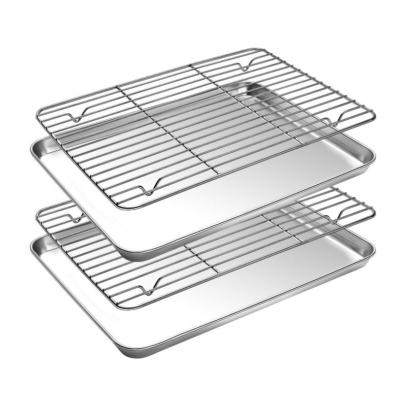 Baking Sheet with Cooling Rack Set2 Baking Pans2 Baking Racks CEKEE Stainless Steel Non Stick Small Cookie Sheet Set Size 1039 x 807 x 1 Inch Easy to Clean Small Baking Sheet with Rack Set