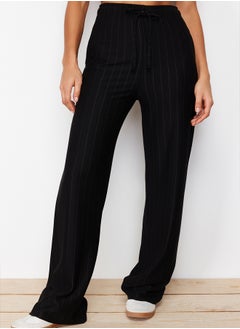 trendyol Black Thick Striped Straight/Straight Cut Stretchy Trousers TWOSS24PL00072  - Image 4