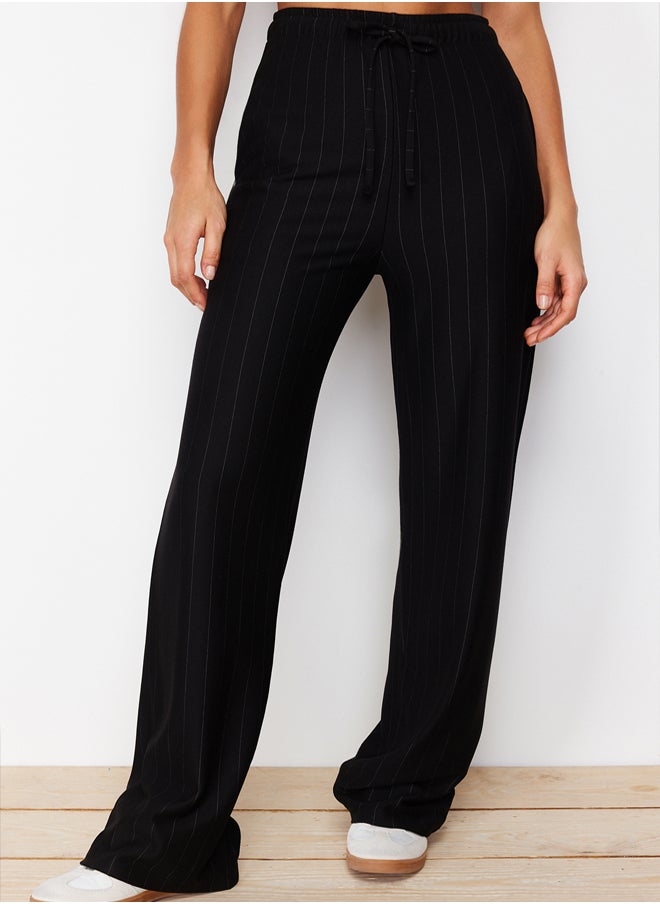 trendyol Black Thick Striped Straight/Straight Cut Stretchy Trousers TWOSS24PL00072  - Image 4
