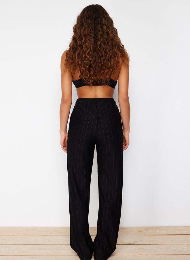Black Thick Striped Straight/Straight Cut Stretchy Trousers TWOSS24PL00072