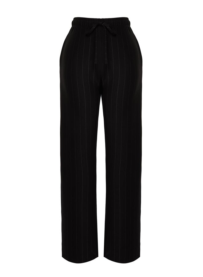 Black Thick Striped Straight/Straight Cut Stretchy Trousers TWOSS24PL00072