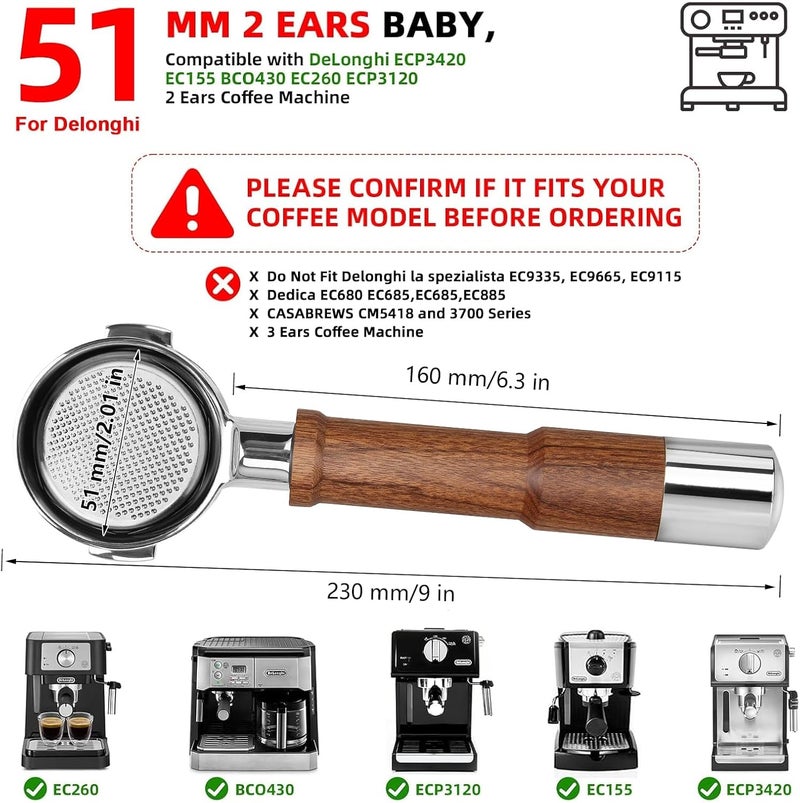 YMWVH بورتافلتر بلا قاع عاري مقاس 51 ملم 2 آذان يناسب ديلونجي ECP3420/EC155/BCO430/EC260 مع شاشة القرص وسلة الترشيح من الفولاذ المقاوم للصدأ، مقبض من خشب الجوز. - Image 4