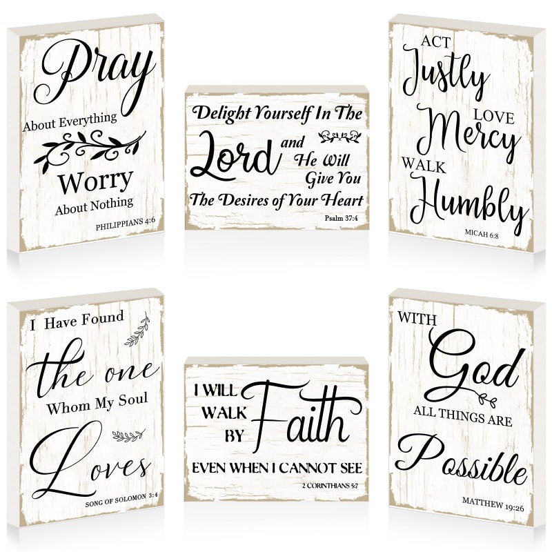 مايتيز Maitys 6 PCS Bible Verse Mini Wood Signs Wooden Denel Sign Mini Bibles Inspirational Rustic Deciverative Sign Sign Scripture Decord White Christian Decor (أسلوب أنيق) - Image 1