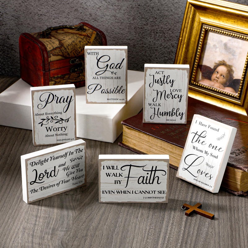 مايتيز Maitys 6 PCS Bible Verse Mini Wood Signs Wooden Denel Sign Mini Bibles Inspirational Rustic Deciverative Sign Sign Scripture Decord White Christian Decor (أسلوب أنيق) - Image 4