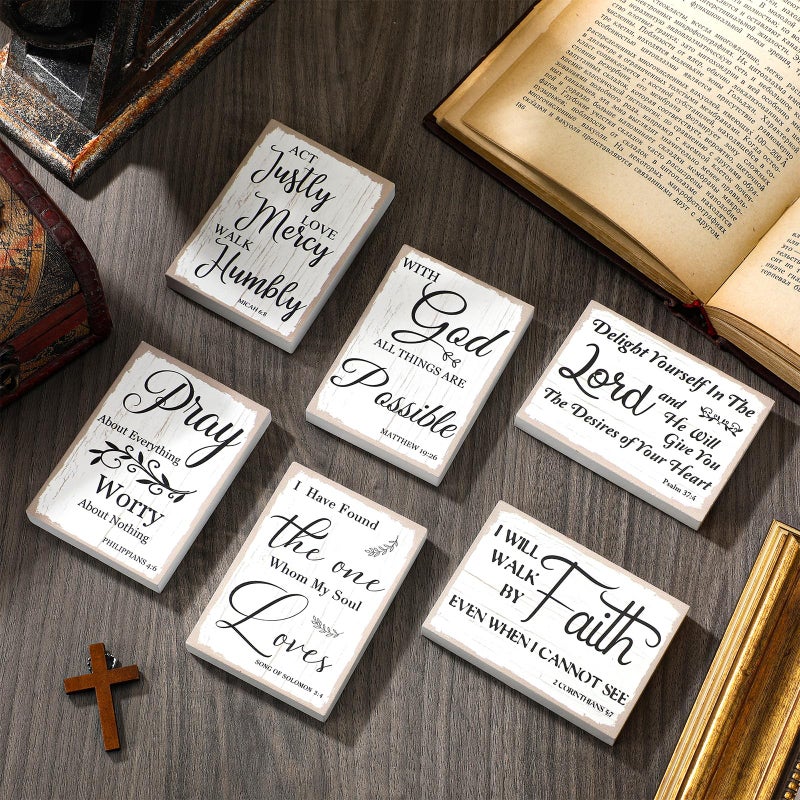 مايتيز Maitys 6 PCS Bible Verse Mini Wood Signs Wooden Denel Sign Mini Bibles Inspirational Rustic Deciverative Sign Sign Scripture Decord White Christian Decor (أسلوب أنيق) - Image 3