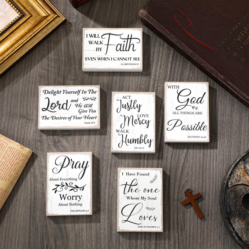 مايتيز Maitys 6 PCS Bible Verse Mini Wood Signs Wooden Denel Sign Mini Bibles Inspirational Rustic Deciverative Sign Sign Scripture Decord White Christian Decor (أسلوب أنيق) - Image 5