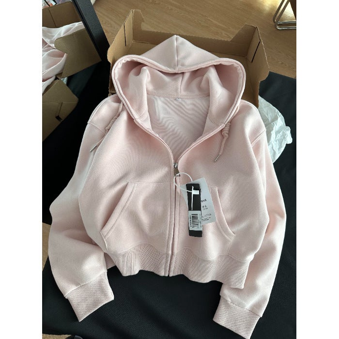 Cardigan Hooded Sweatshirt for Women 2024 New Spring and Autum Pink Popular Early Autum Top Loose Casual Short Jacket Pink (pure cotton surface)