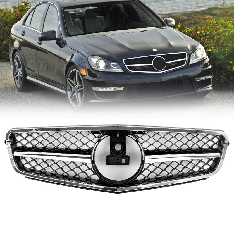 DIBON AUTO W204 Grill Front Grille Compatible with 2008 2009 2010 2011 2012 2013 2014 Mercedes Benz W204 C Class C250 C300 C350 AMG StyleChrome Black