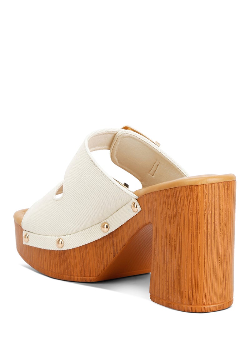 London Rag Buckle Straps High Block Heel Clogs in Beige  - Image 3