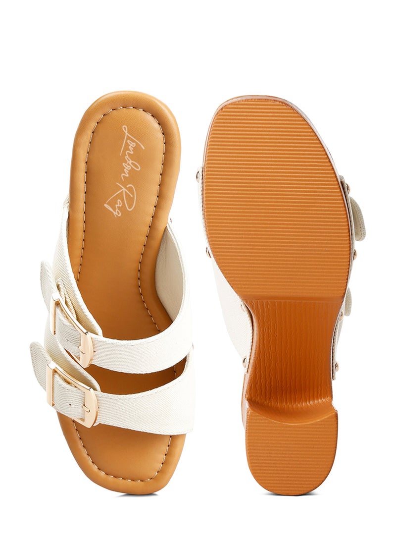 London Rag Buckle Straps High Block Heel Clogs in Beige  - Image 4