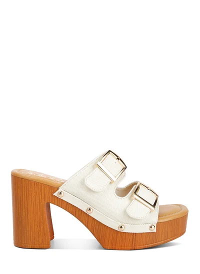 London Rag Buckle Straps High Block Heel Clogs in Beige