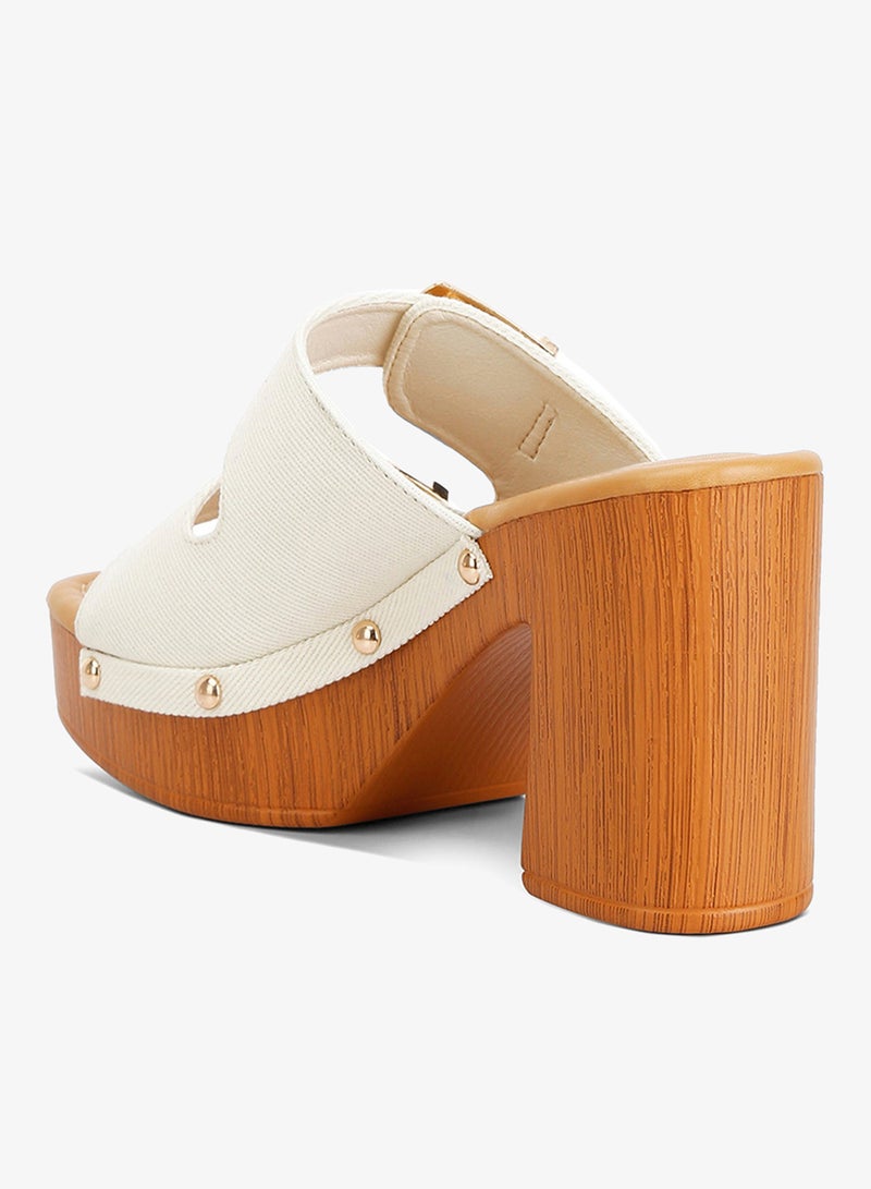 London Rag Women's Buckle Straps High Block Heel Clogs in Beige - Image 3