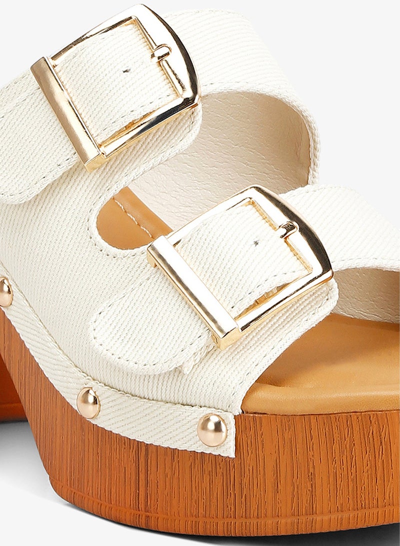 London Rag Women's Buckle Straps High Block Heel Clogs in Beige - Image 5