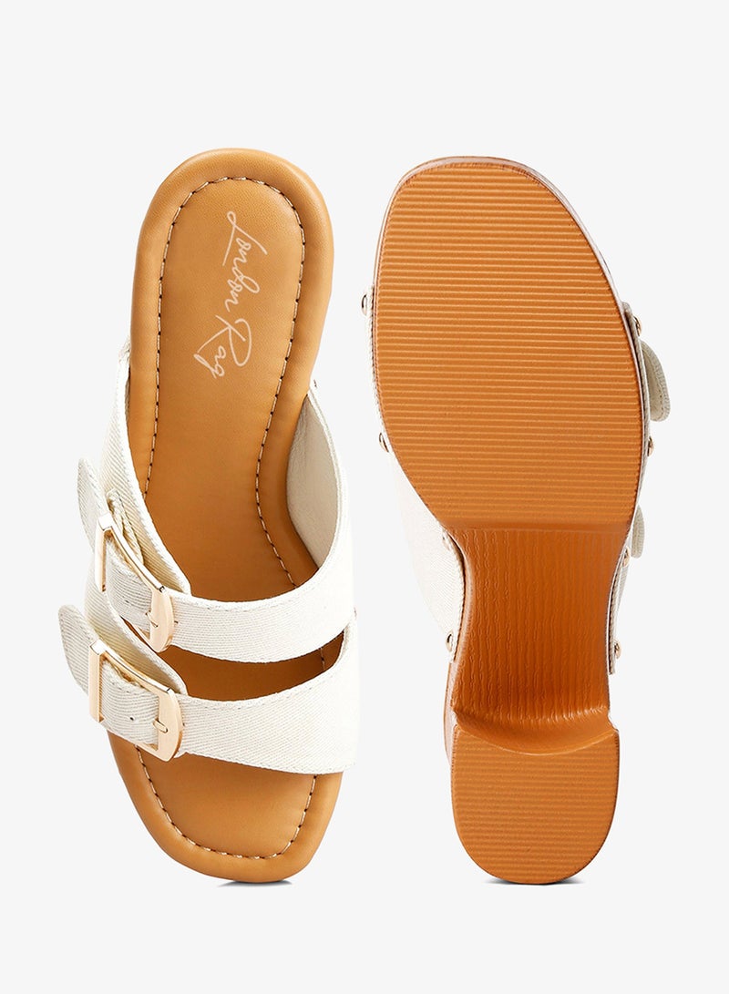 London Rag Women's Buckle Straps High Block Heel Clogs in Beige - Image 4