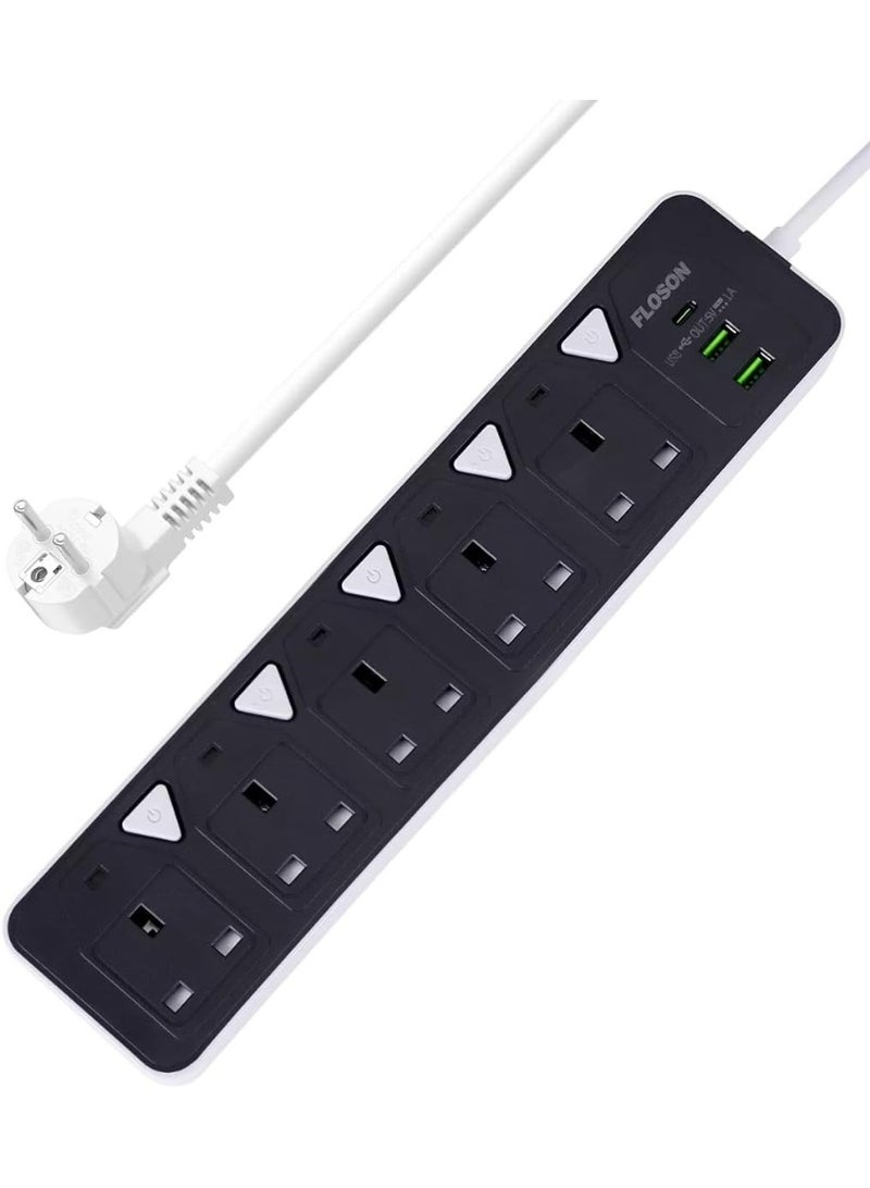 PowerMax Power Strip, Multi-function Power Socket, 5-Port Splitter with 2 USB Ports and 1 USB-C Port with Ultra-Fast PD Technology, Multi-Port Socket Suitable for All Devices, Extra Long 3 Meters - Image 1
