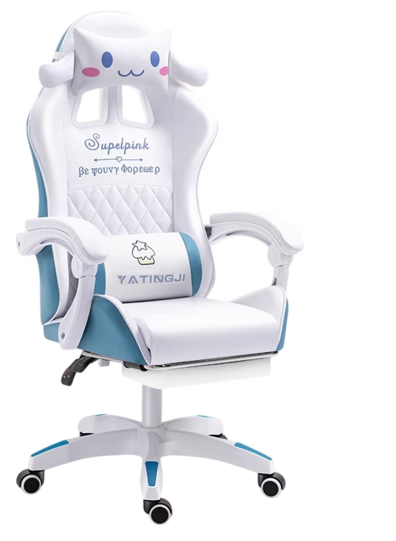 Huitich White & Blue Cartoon Gaming Chair with Footrest Ergonomic Comfort for Study & Gaming - Image 1
