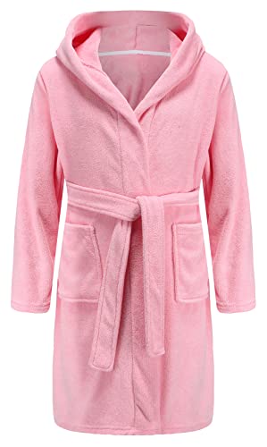 E.W Apparel Kids Boys Girls Hooded Towelling Bathrobe Dressing Gown 100% Cotton Terry Towel Soft Terry Cloth Robe 5-16 Years(Pink,13-14 Years) - Image 1