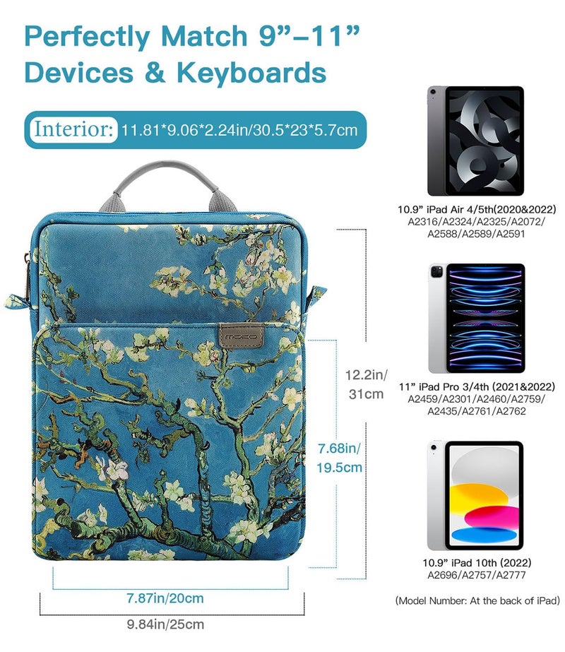 MoKo 9-11 Inch Tablet Sleeve Bag Handle Carrying Case with Shoulder Strap for iPad Pro, Air, 10th, 9/8/7, Air 5/4, Tab S8/S9, Apricot Flower - Image 2