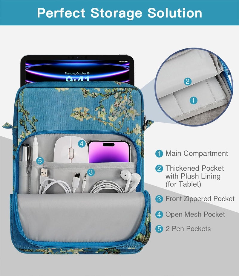 MoKo 9-11 Inch Tablet Sleeve Bag Handle Carrying Case with Shoulder Strap for iPad Pro, Air, 10th, 9/8/7, Air 5/4, Tab S8/S9, Apricot Flower - Image 5