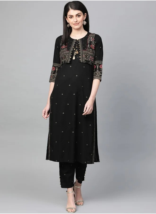 آي شين Straight Fit Printed Pattern Round Neck Three-Quarter Sleeves Black Colour Woven Cotton Kurta Set for Women with Semi Elastic Closure - Perfect for your Festive Celebrations
