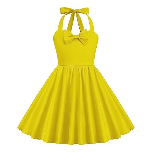 ODIZLI Kid's Polka Dot Dress, Retro Princess Dresses Toddler Skirt for Birthday Carnival Christmas Party Cocktail Vintage Children Concert Dress Fiesta Vintage Dresses for Girls Yellow Solid 11-12 Years - Image 1