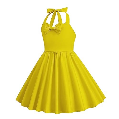ODIZLI Kid's Polka Dot Dress, Retro Princess Dresses Toddler Skirt for Birthday Carnival Christmas Party Cocktail Vintage Children Concert Dress Fiesta Vintage Dresses for Girls Yellow Solid 11-12 Years - Image 3