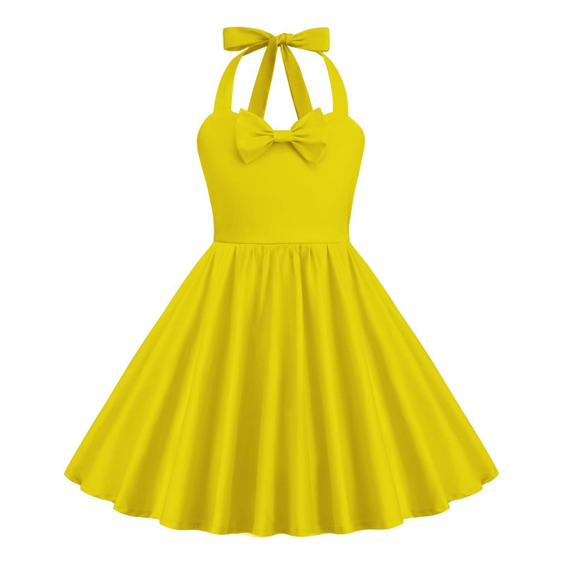 ODIZLI Kid's Polka Dot Dress, Retro Princess Dresses Toddler Skirt for Birthday Carnival Christmas Party Cocktail Vintage Children Concert Dress Fiesta Vintage Dresses for Girls Yellow Solid 11-12 Years - Image 4