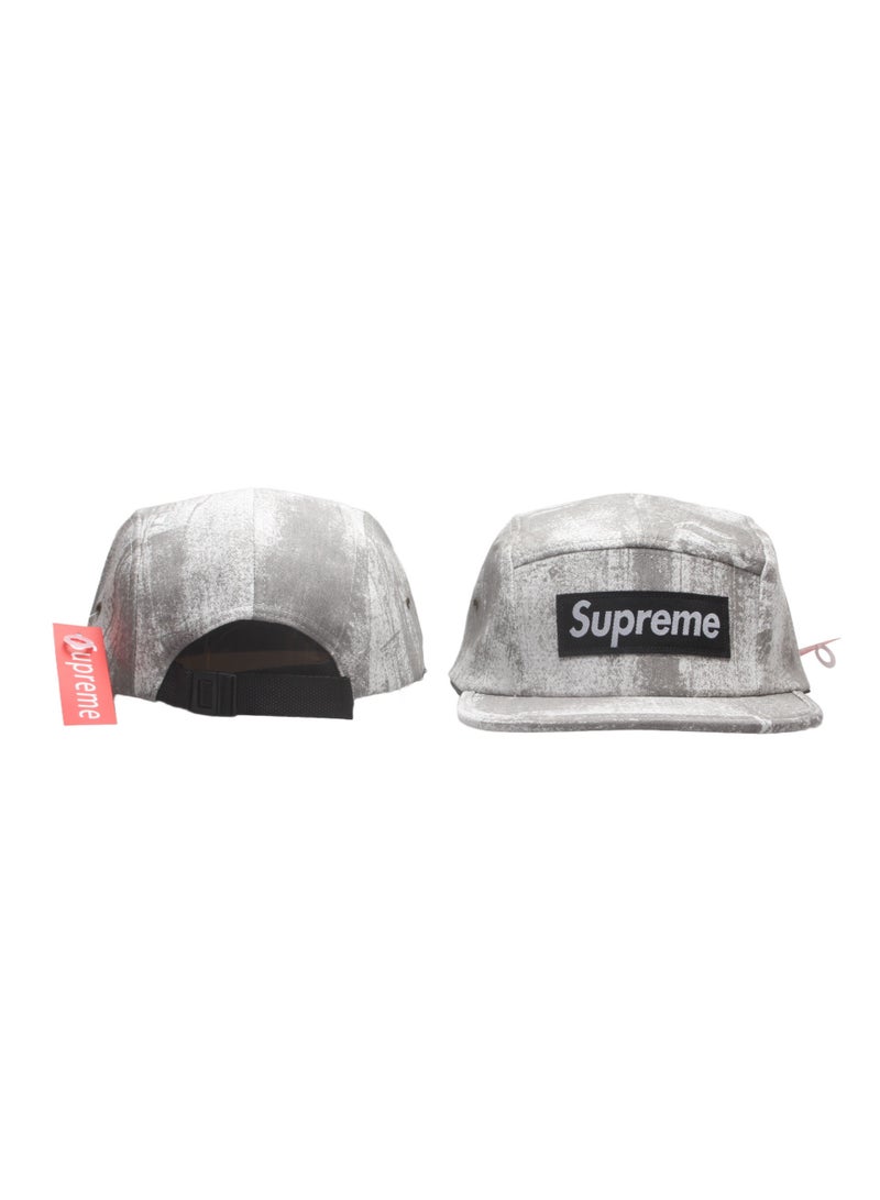 Supreme Grey Washed Denim 5-Panel Cap – Featuring Signature Black Logo Patch and Distressed Design