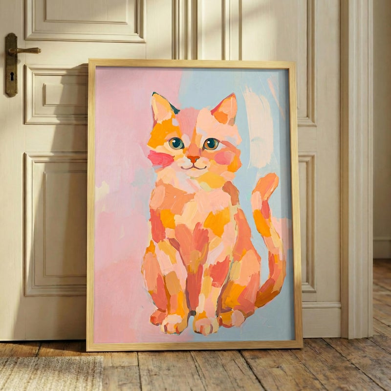 TNESSENTIAL Abstract Cat Art Print – Modern Boho Decor, Vibrant Cat Poster, Warm Color Nursery Art, Whimsical Pet Portrait, Impasto Painting Style - Image 1