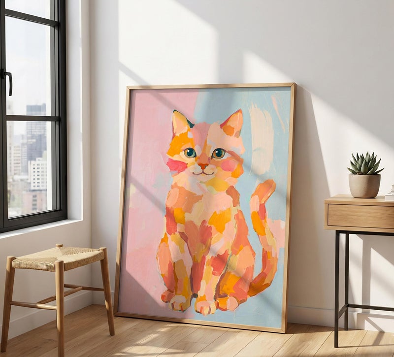 TNESSENTIAL Abstract Cat Art Print – Modern Boho Decor, Vibrant Cat Poster, Warm Color Nursery Art, Whimsical Pet Portrait, Impasto Painting Style - Image 4