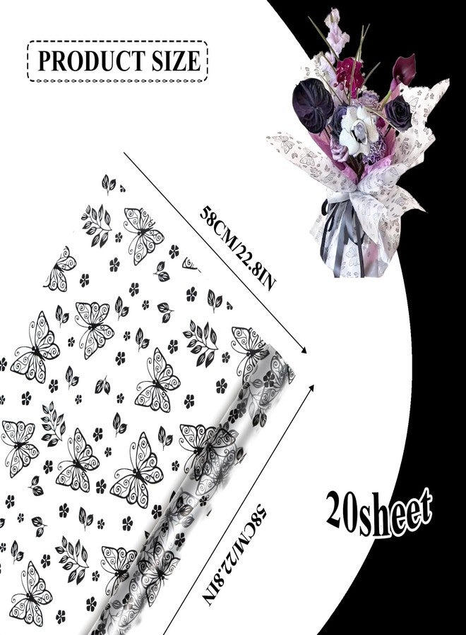 Gloreyan 20 Sheets Flower Wrapping Paper with Butterfly, Florist Bouquet DIY Craft Fresh Flower Wrapping Paper Waterproof Floral Wrapping Gift Packaging Material Florist Supplies(Black - Image 2