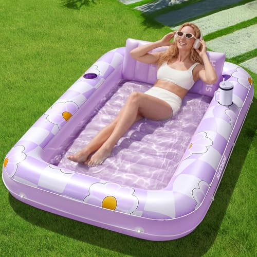 SLOOSH Inflatable Tanning Pool Lounger Float 70 x 46 Pool Floats Adult with Pillow 4 in 1 Suntan Tub Raft FloatieSunbathing Bed Lounge for Water Blow Up Ball Pit Party Gifts Purple Chase Flower - Image 1