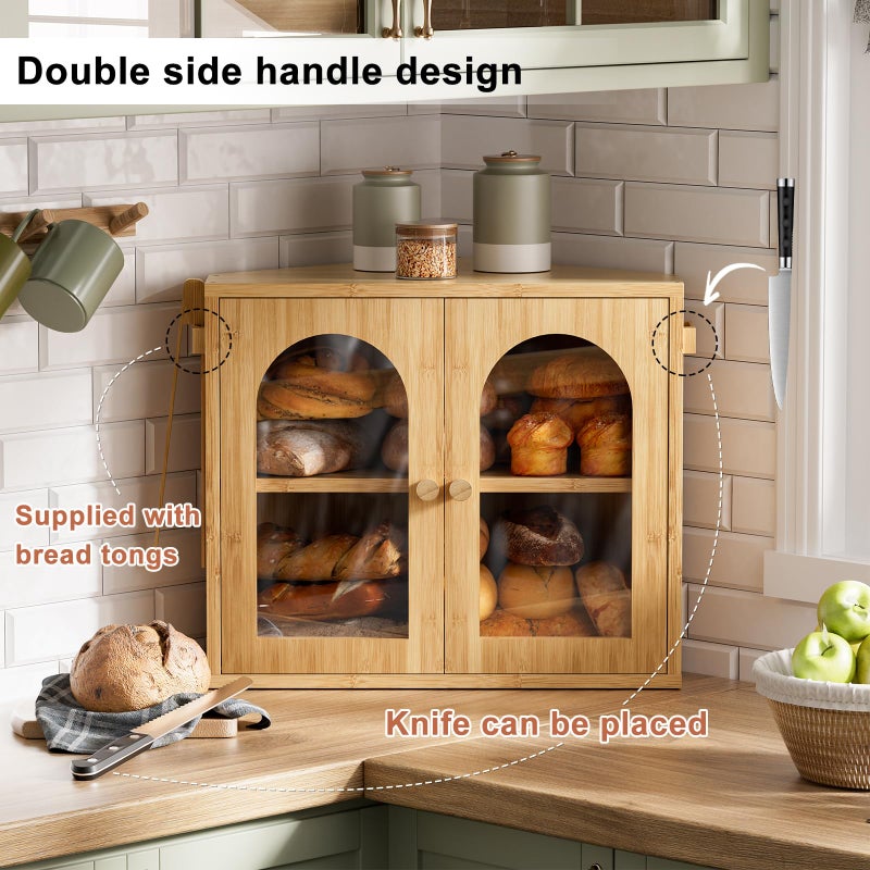 WOWLIVE Corner Bread Box for Kitchen Countertop, 2 Tier Bamboo Bread Storage Container for Homemade Bread with Clear Acrylic Door Panel, Large Bread Bin Farmhouse Breadbox Organizer (Natural, Medium) - Image 5